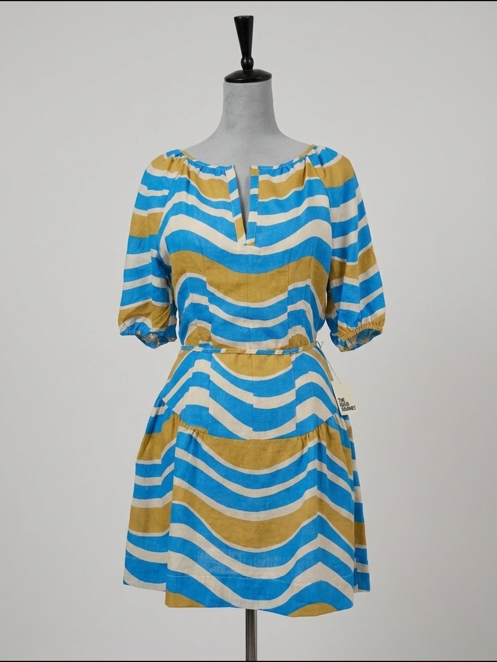 The Good Journey NWT Striped Belted Mini Dress Size 6 Blue Mustard White